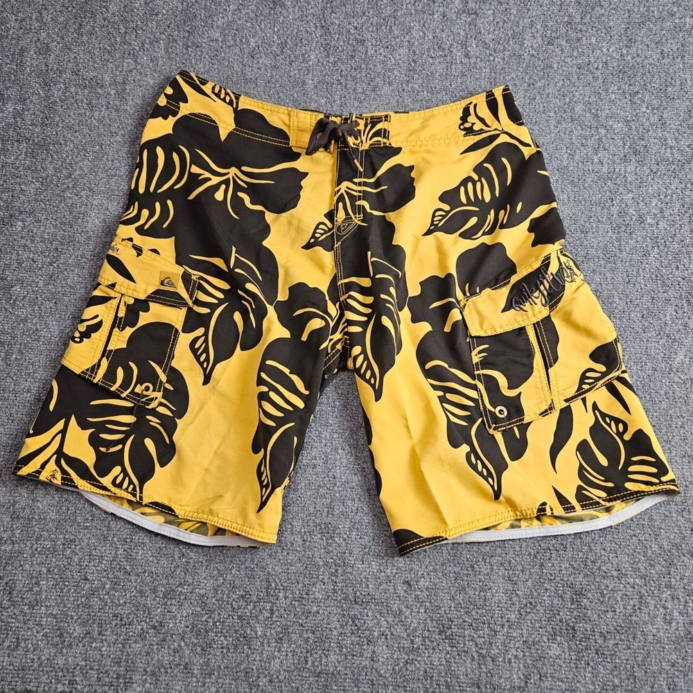 Quiksilver‎ Board Shorts Mens 38 Yellow Black Tropical Floral Cargo Surf Beach